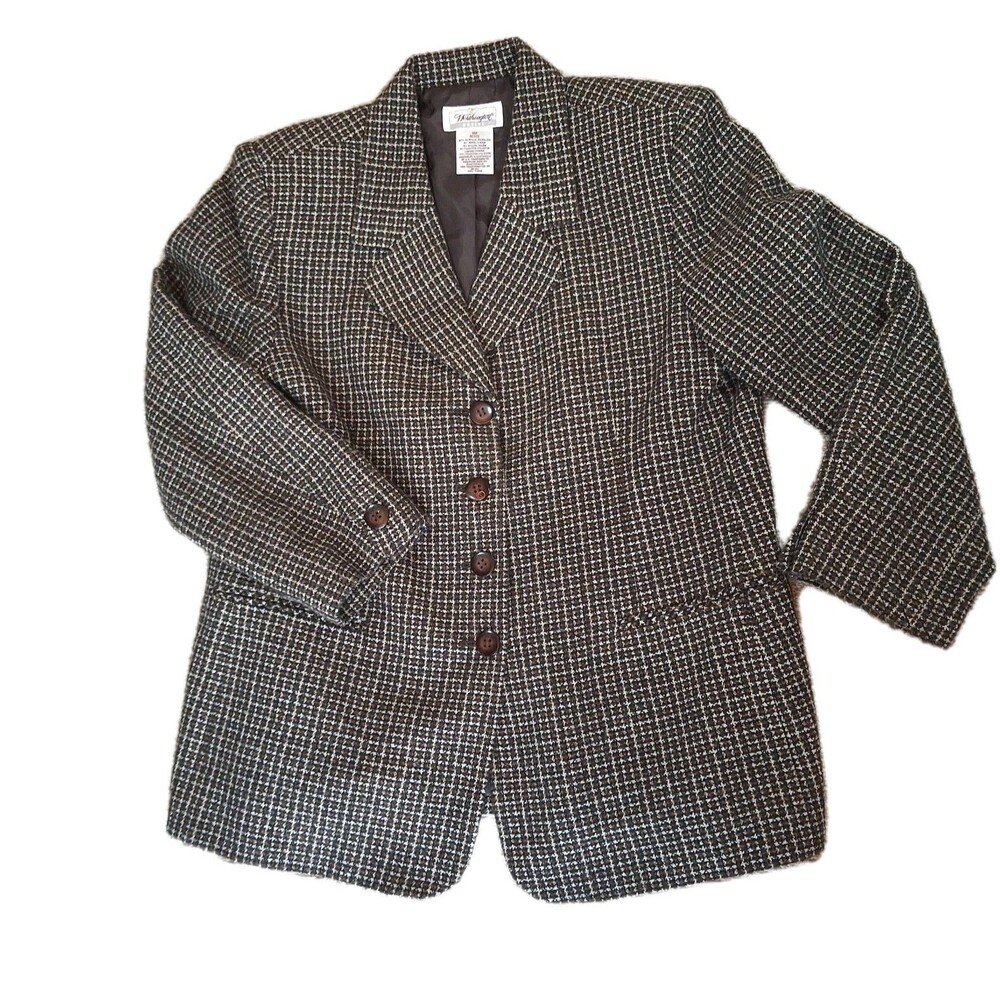 ​Worthington Petite Blazer 14P Tweed Jacket Wool Brown Black Textured Plaid